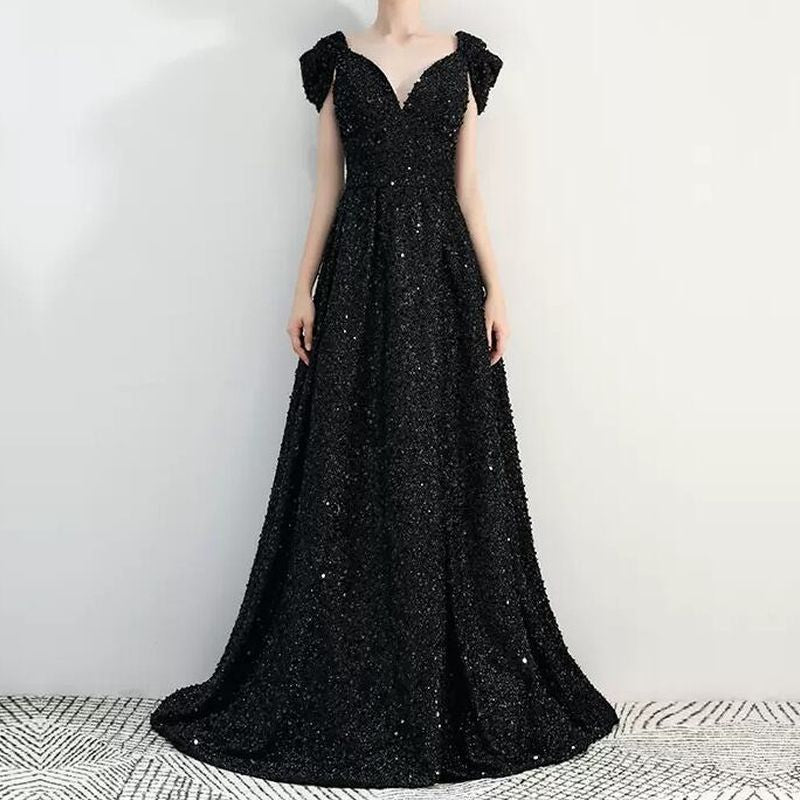 Vネック スリットロングドレス　D1116