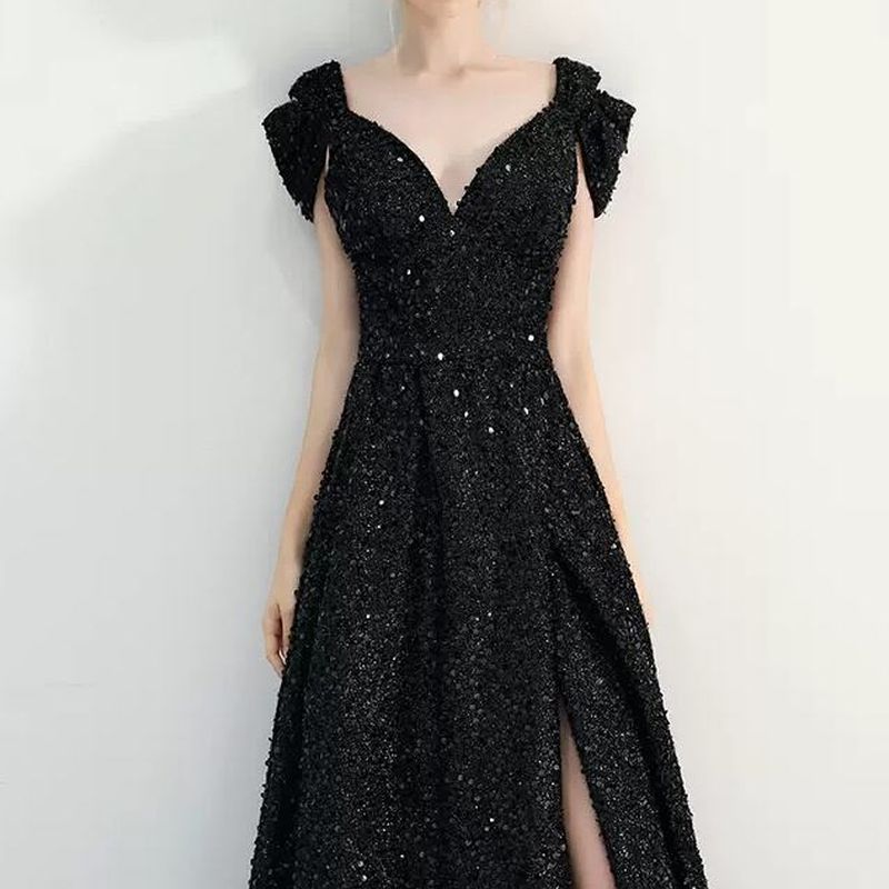 Vネック スリットロングドレス　D1116