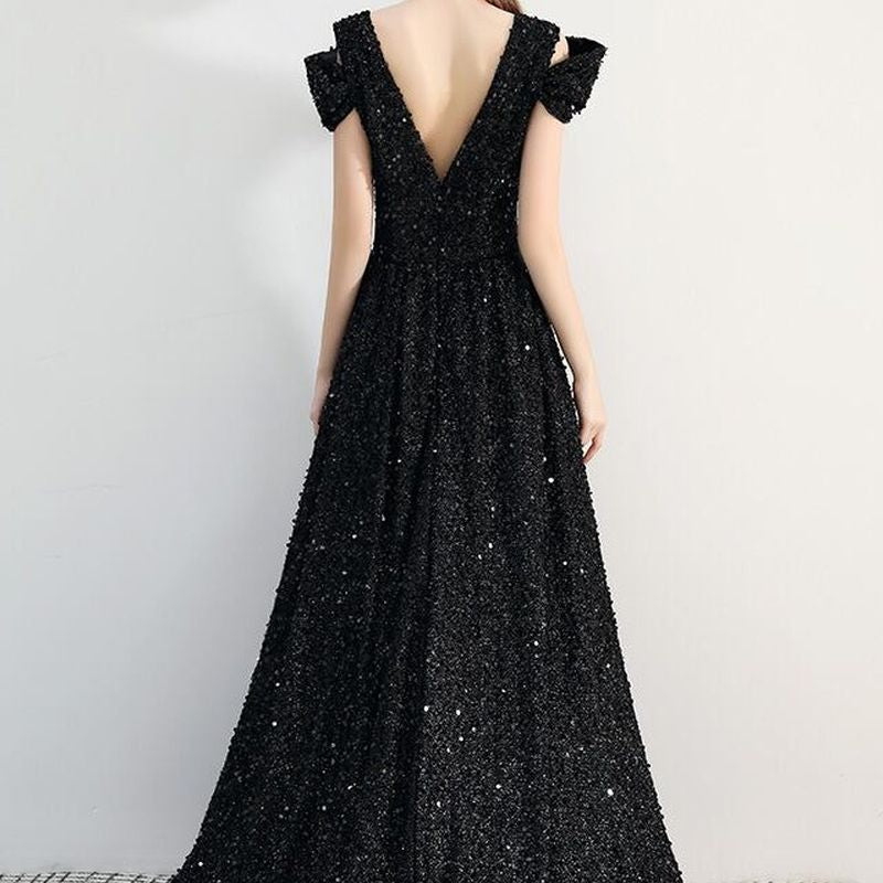 Vネック スリットロングドレス　D1116