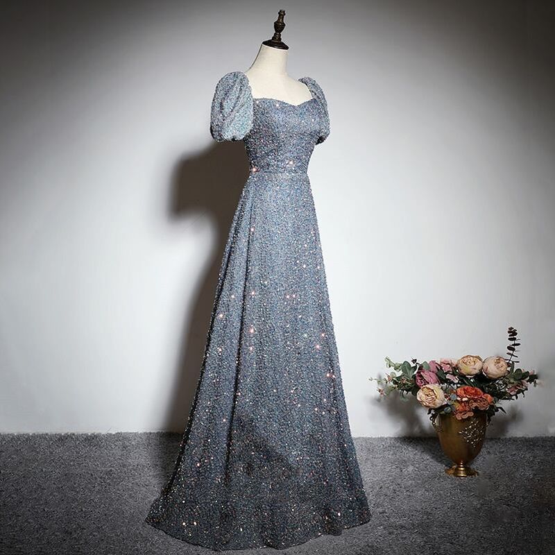 ラメデザイン Aラインパフスリーブドレス　D1185