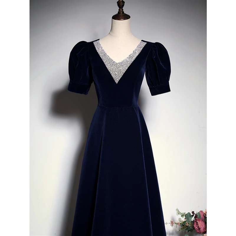 パフスリーブVネックドレス　2color　D1305