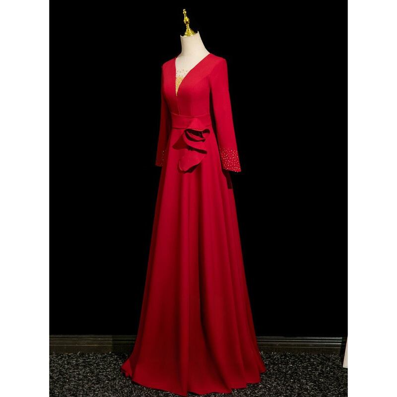 ウエストリボンVネックロングドレス　D1499