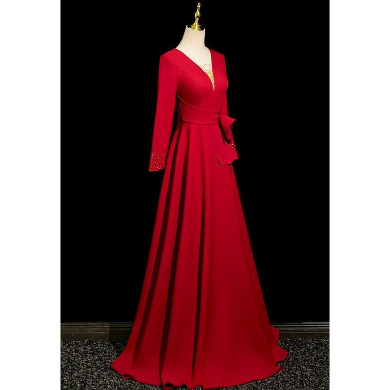 ウエストリボンVネックロングドレス　D1499