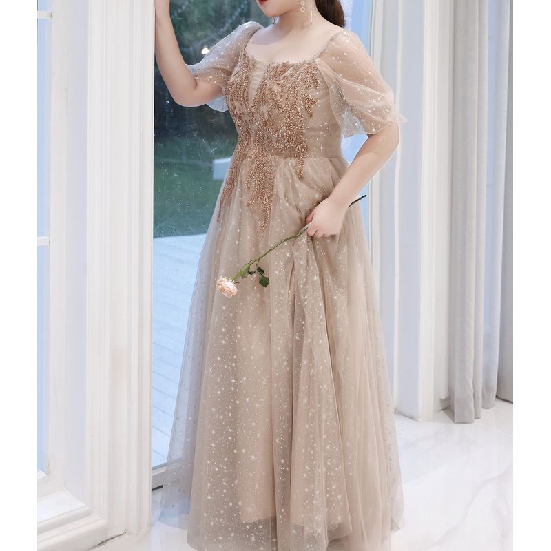 【3XL〜7XL】ロマンスパフスリーブチュールドレス　2color　D2053