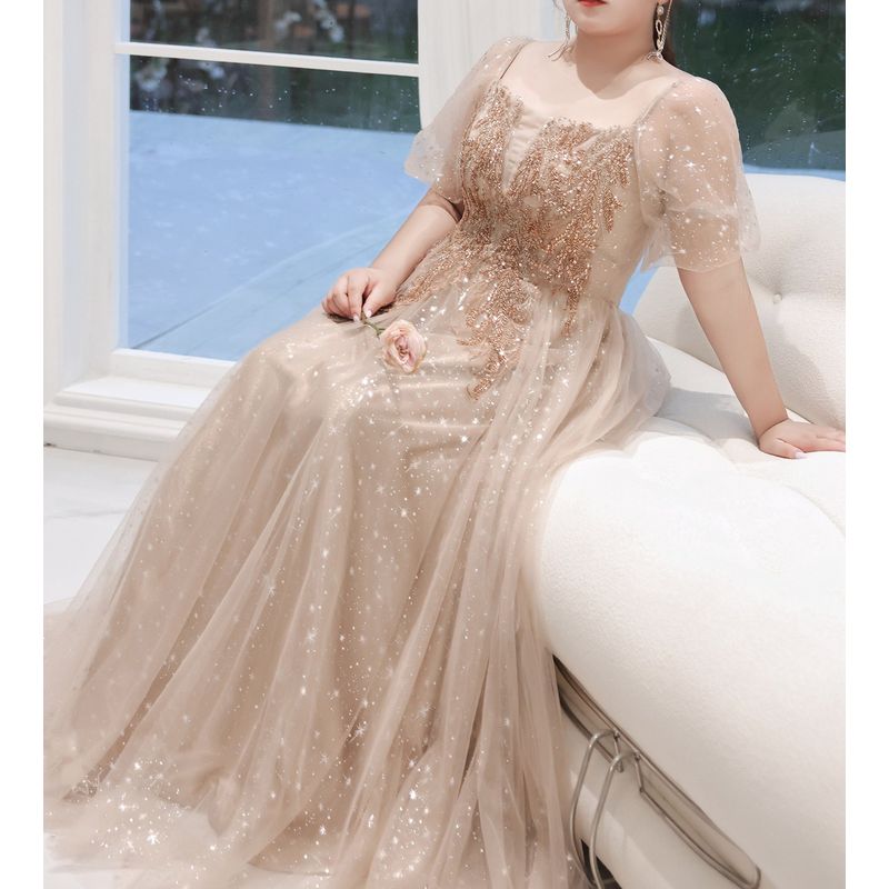 【3XL〜7XL】ロマンスパフスリーブチュールドレス　2color　D2053