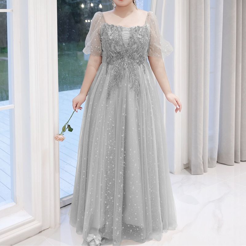 【3XL〜7XL】ロマンスパフスリーブチュールドレス　2color　D2053