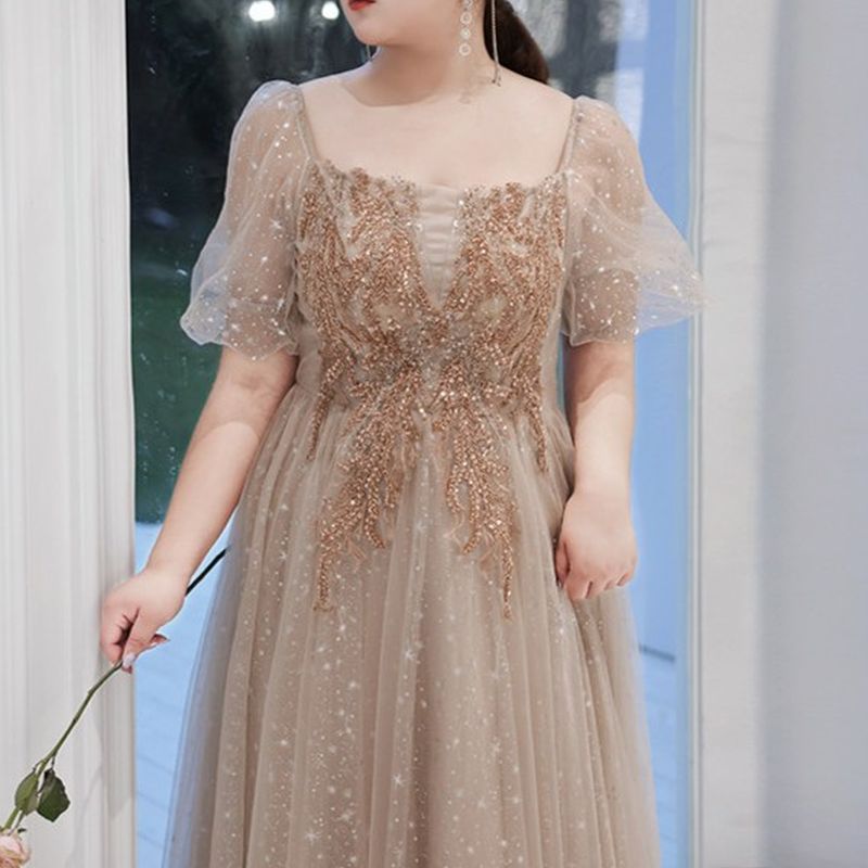 【3XL〜7XL】ロマンスパフスリーブチュールドレス　2color　D2053