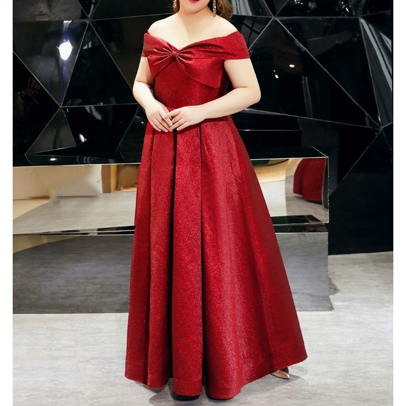 【3XL〜7XL】リボンオフショルダーロングドレス　D2054