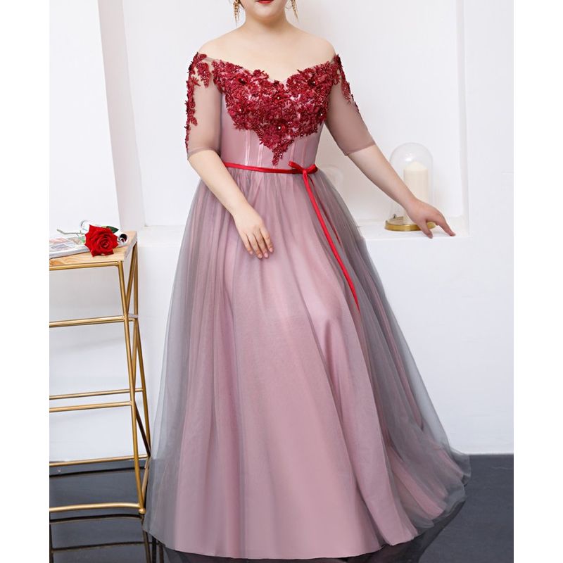 【3XL〜7XL】フラワーオフショルダーシアードレス　D2058