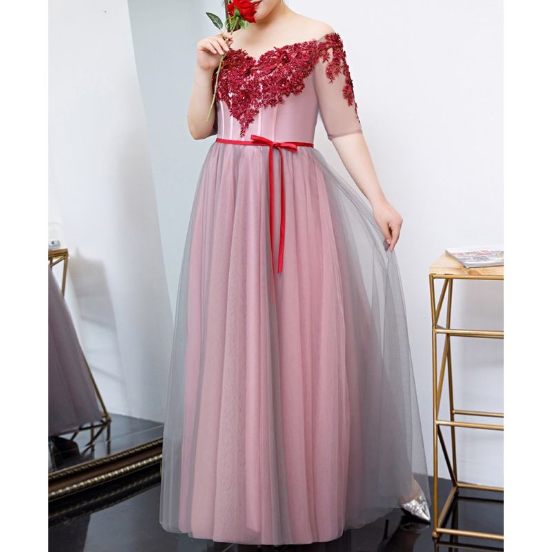 【3XL〜7XL】フラワーオフショルダーシアードレス　D2058