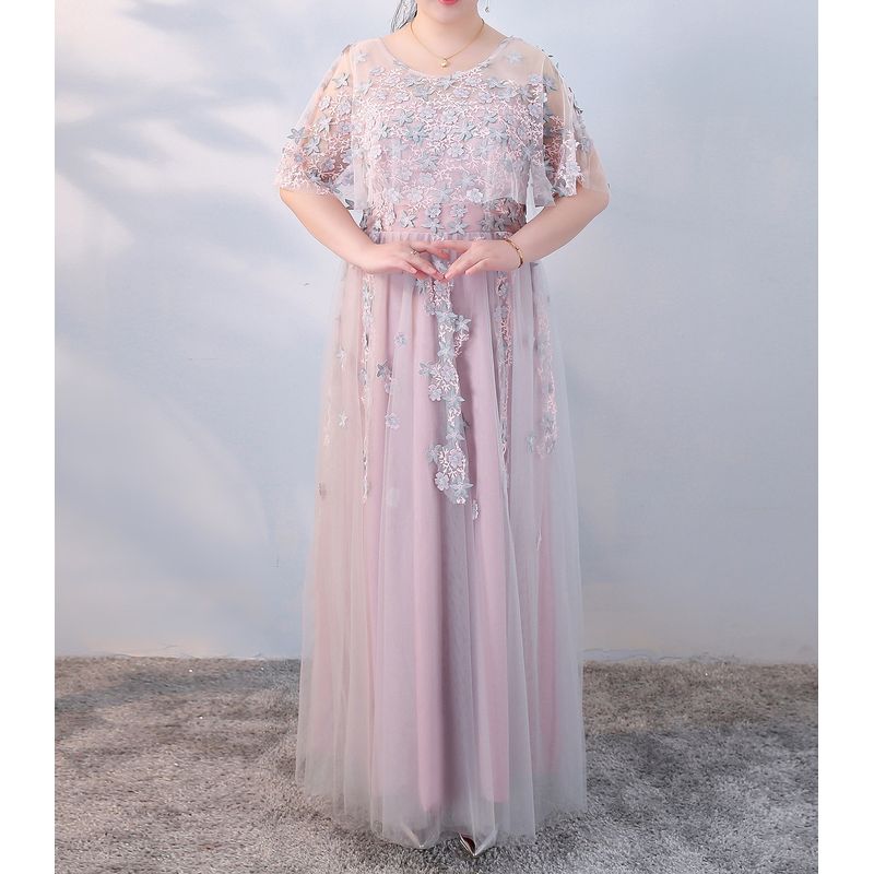 【3XL〜7XL】ペールピンクシアーフラワードレス　D2059