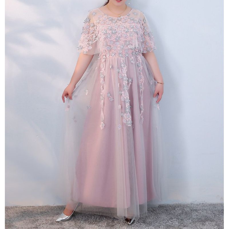 【3XL〜7XL】ペールピンクシアーフラワードレス　D2059