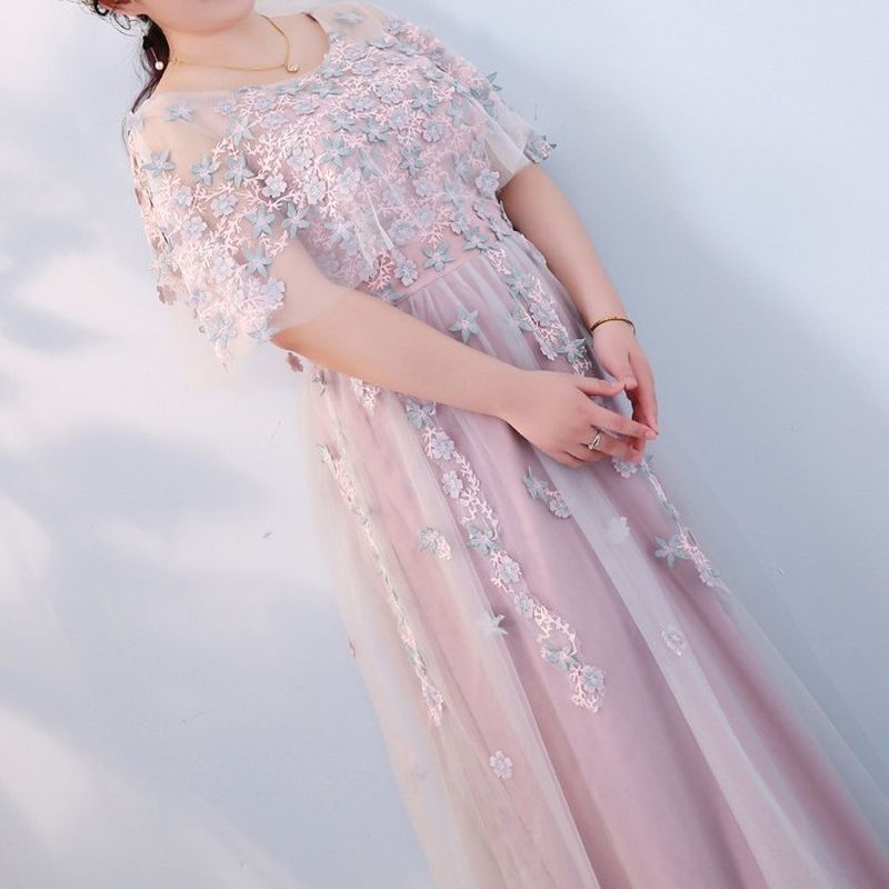 【3XL〜7XL】ペールピンクシアーフラワードレス　D2059