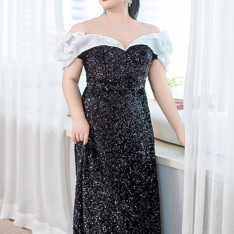 【3XL〜7XL】フリルオフショルダーシャイニードレス　D2063