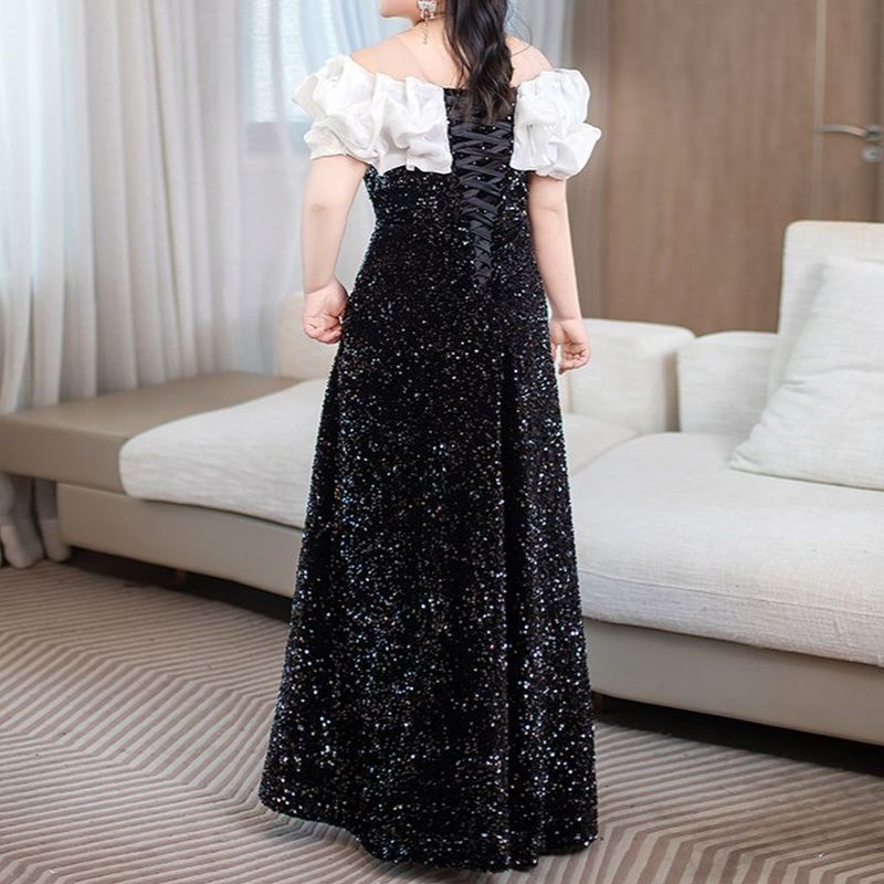 【3XL〜7XL】フリルオフショルダーシャイニードレス　D2063