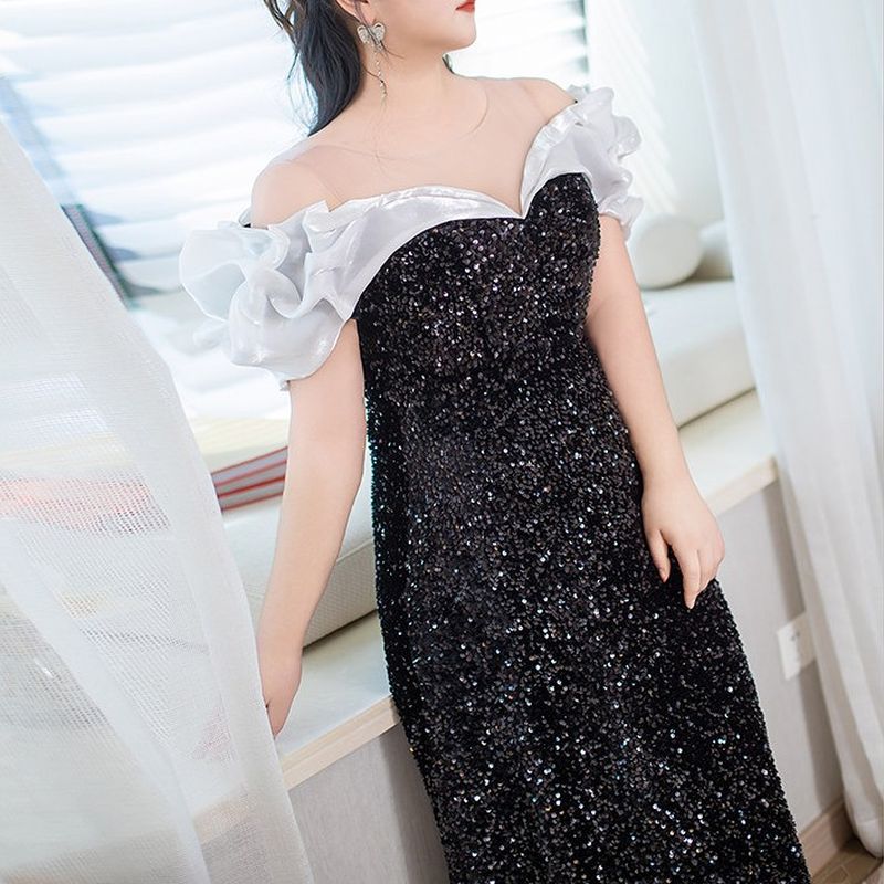 【3XL〜7XL】フリルオフショルダーシャイニードレス　D2063