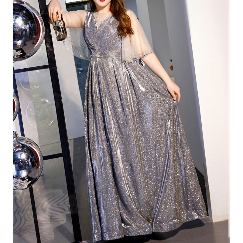 【3XL〜7XL】フレアスリーブグリッタードレス　2color　D1555