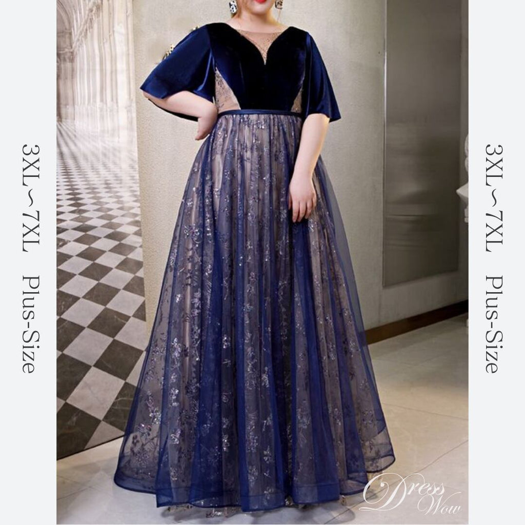 【3XL〜7XL】フレアスリーブチュールドレス　D1557