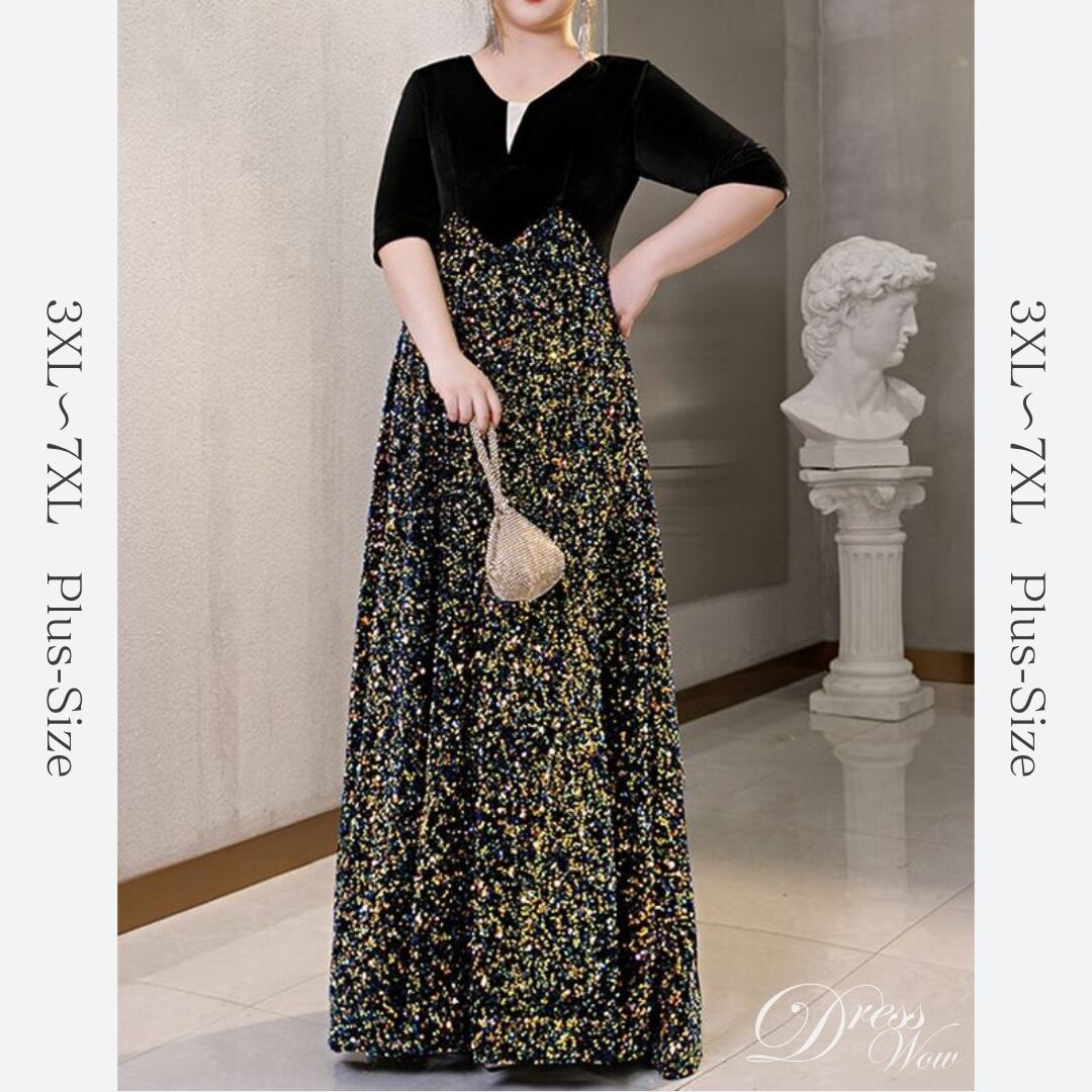 【3XL〜7XL】ベルベットスパンコールドレス　D1558