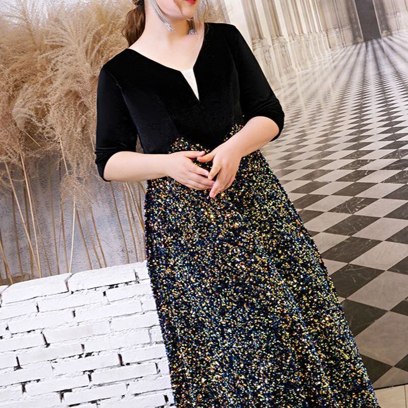 【3XL〜7XL】ベルベットスパンコールドレス　D1558