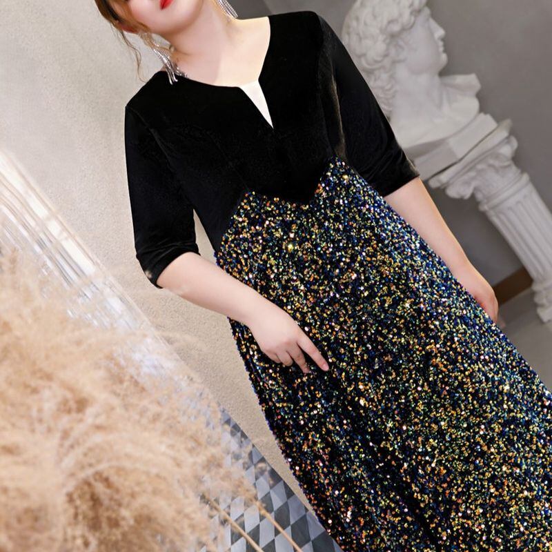 【3XL〜7XL】ベルベットスパンコールドレス　D1558