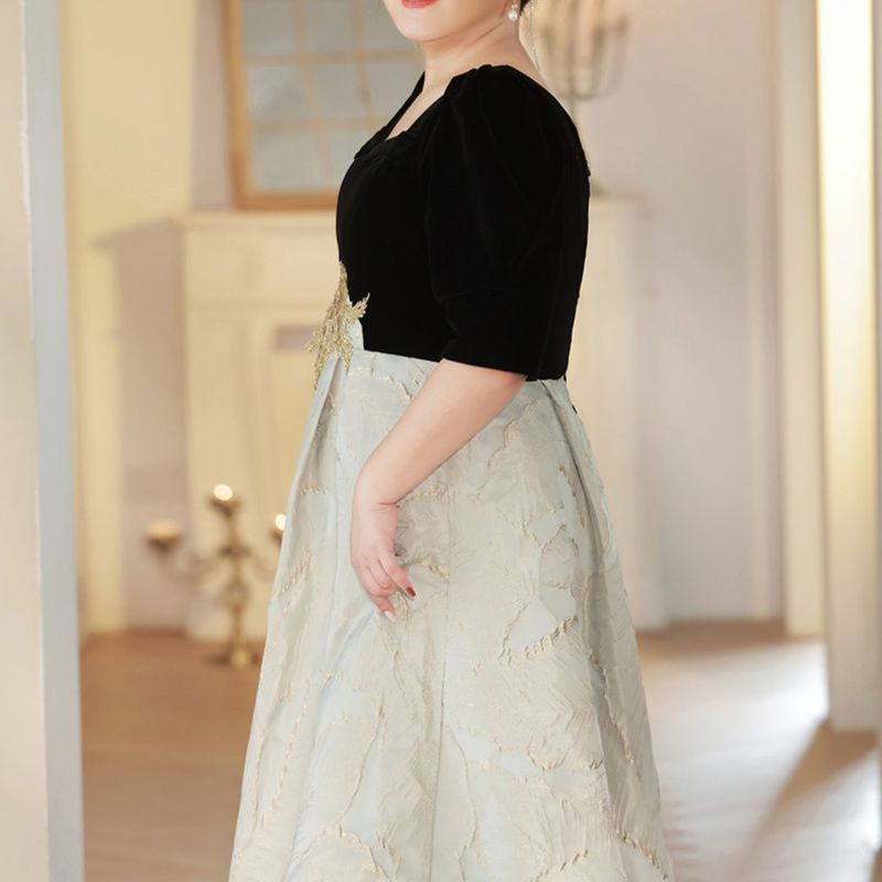 【3XL〜7XL】リーフジャガード切替デザインドレス　D2069