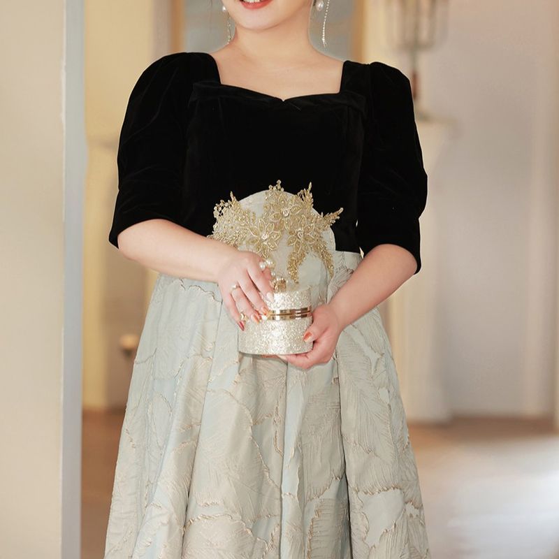 【3XL〜7XL】リーフジャガード切替デザインドレス　D2069