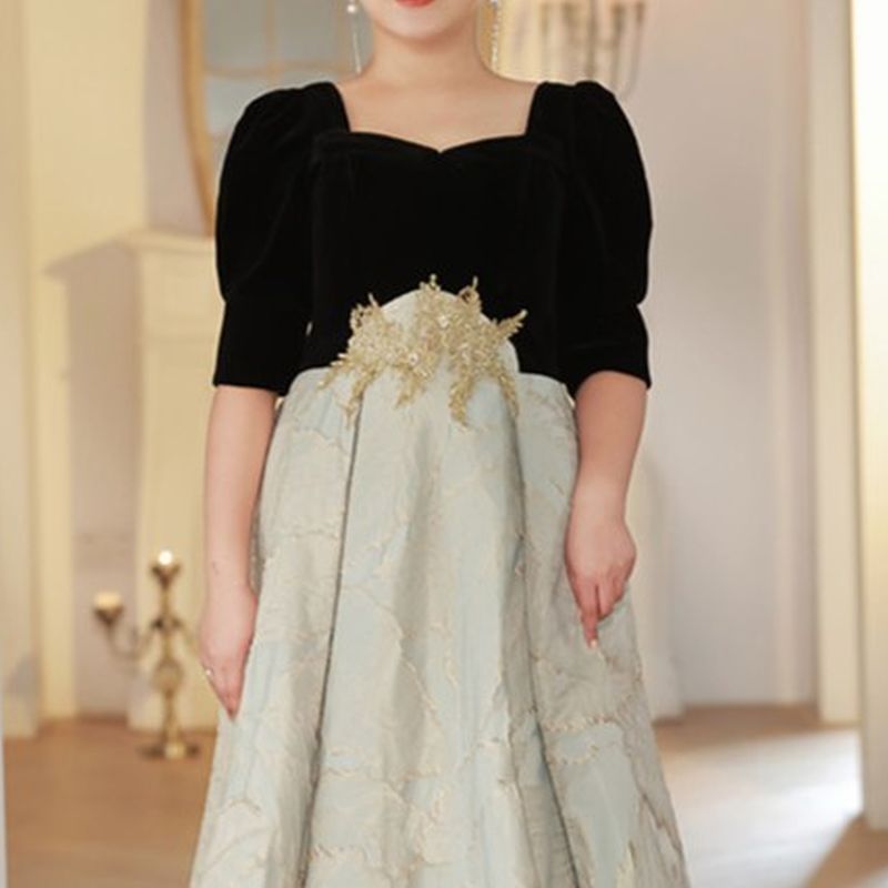 【3XL〜7XL】リーフジャガード切替デザインドレス　D2069