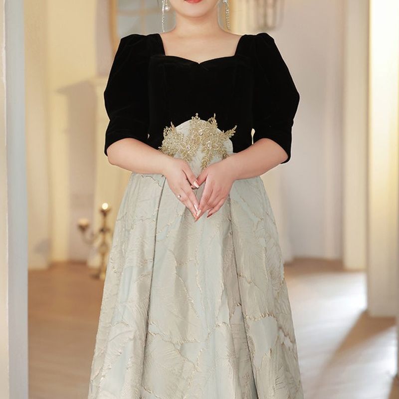 【3XL〜7XL】リーフジャガード切替デザインドレス　D2069