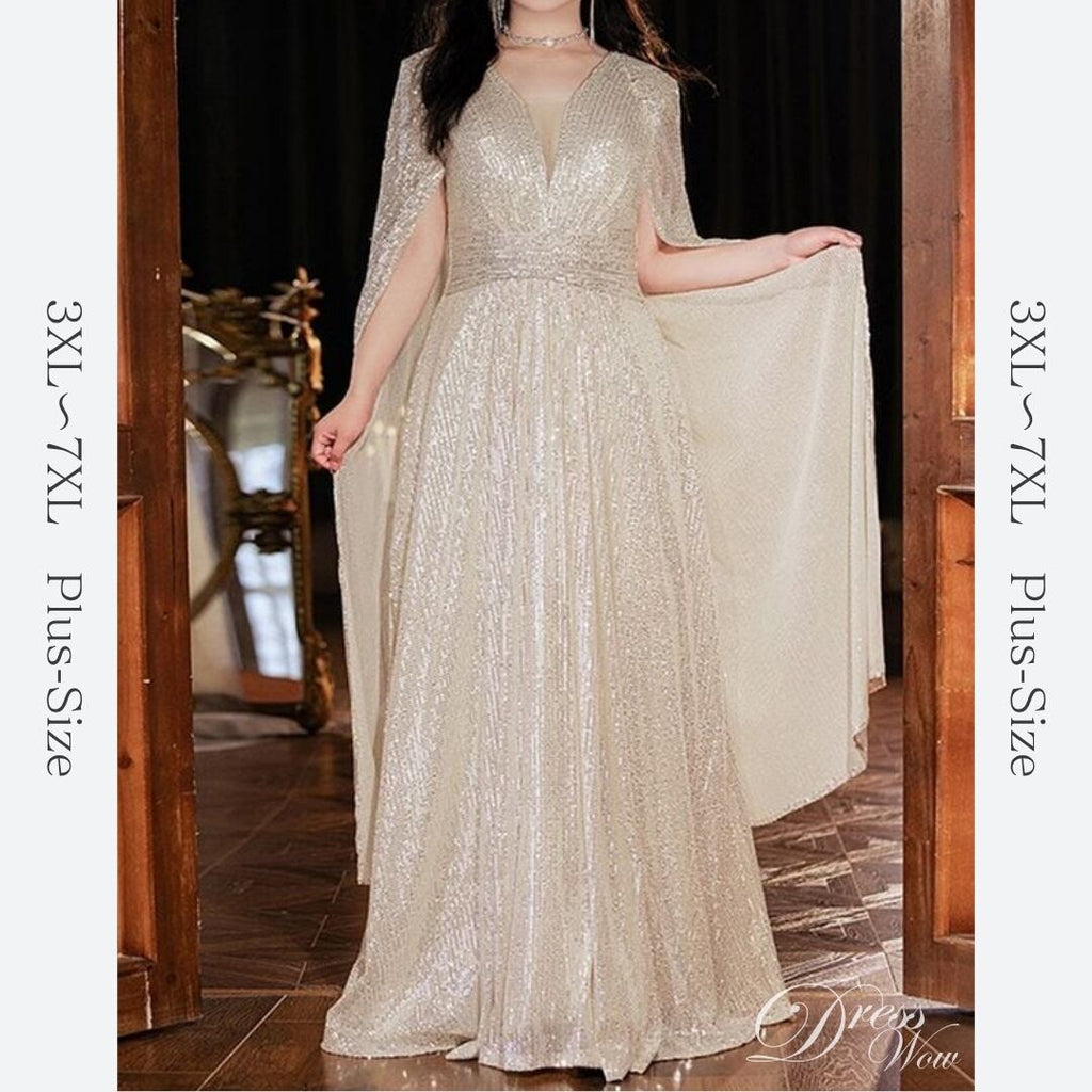 【3XL〜7XL】スパンコールケープスリーブドレス　2color　D1525