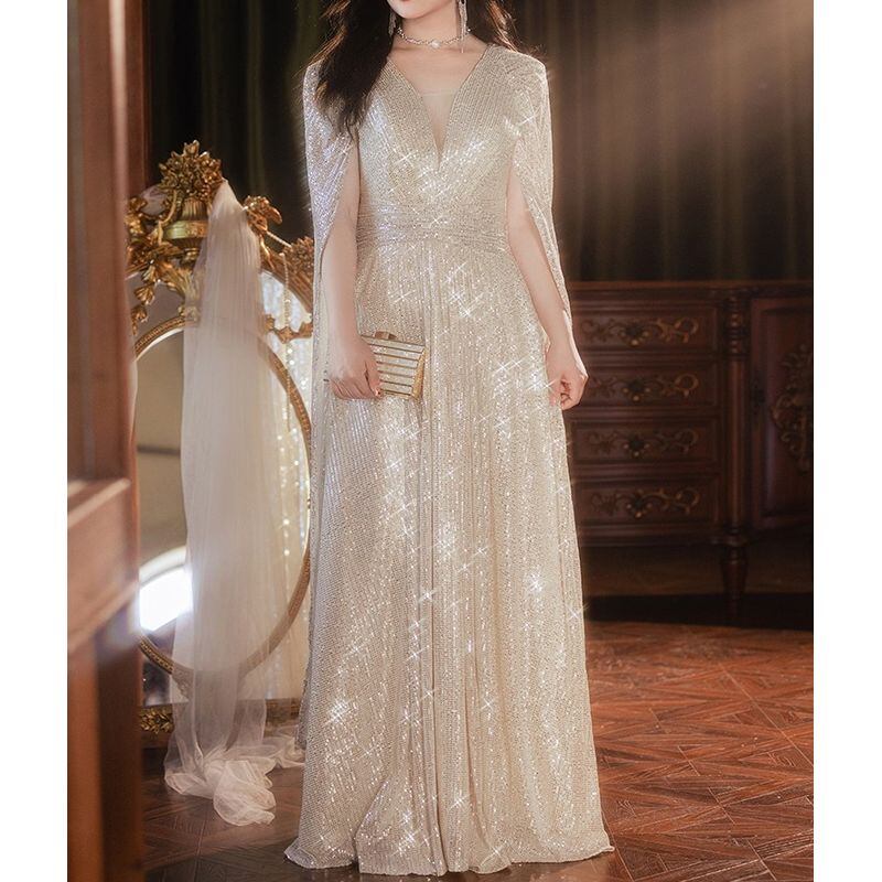 【3XL〜7XL】スパンコールケープスリーブドレス　2color　D1525
