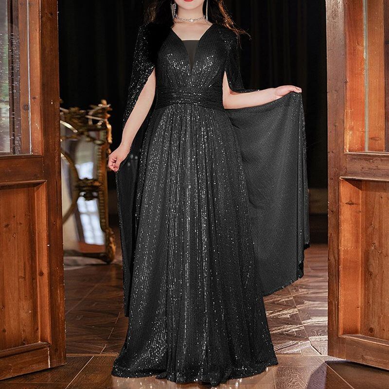 【3XL〜7XL】スパンコールケープスリーブドレス　2color　D1525