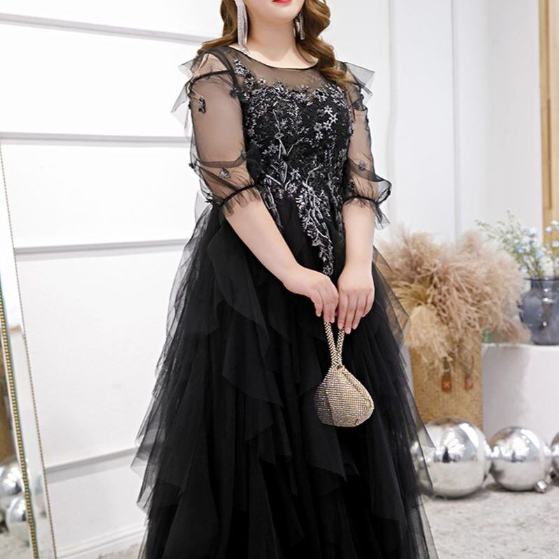 【3XL〜7XL】ティアードチュールドレス　D1572