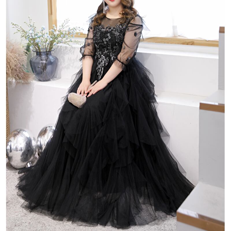 【3XL〜7XL】ティアードチュールドレス　D1572