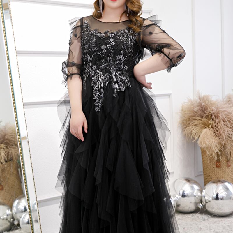 【3XL〜7XL】ティアードチュールドレス　D1572
