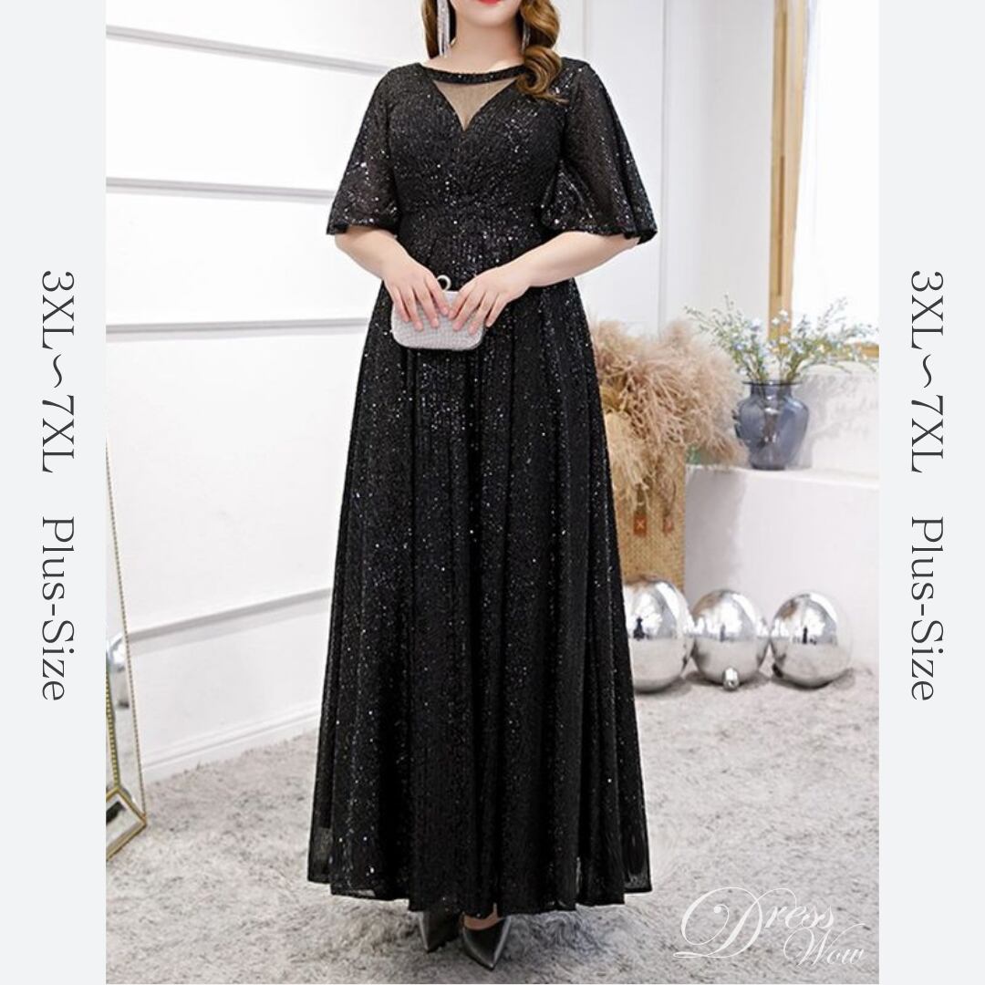 【3XL〜7XL】スパンコールフレアスリーブドレス　D1585