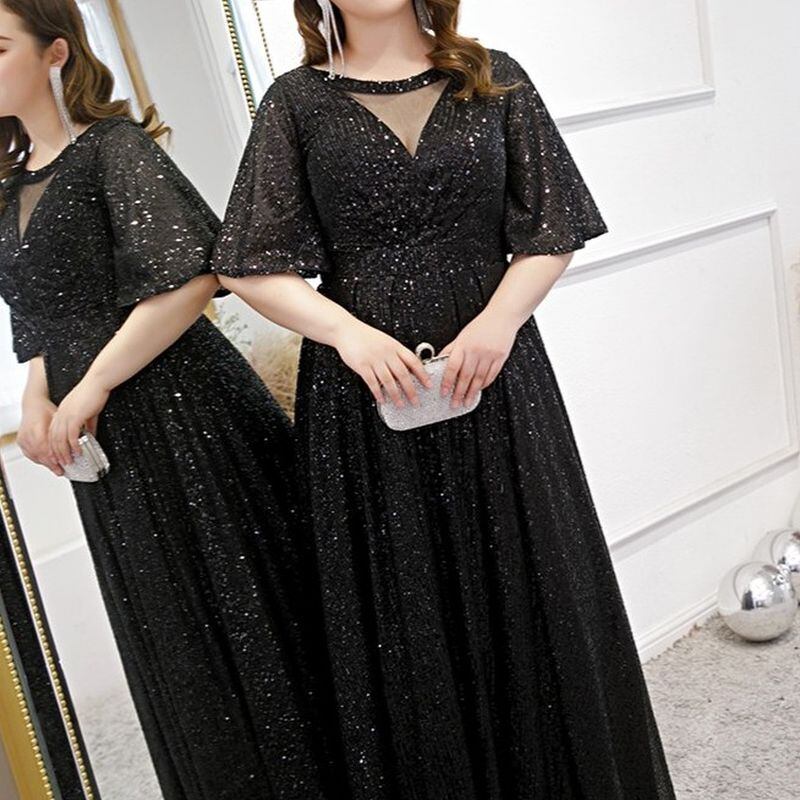 【3XL〜7XL】スパンコールフレアスリーブドレス　D1585
