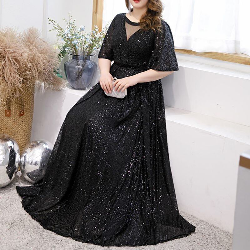 【3XL〜7XL】スパンコールフレアスリーブドレス　D1585