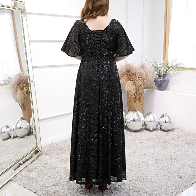 【3XL〜7XL】スパンコールフレアスリーブドレス　D1585