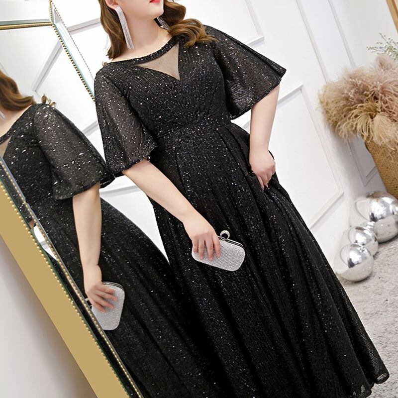 【3XL〜7XL】スパンコールフレアスリーブドレス　D1585