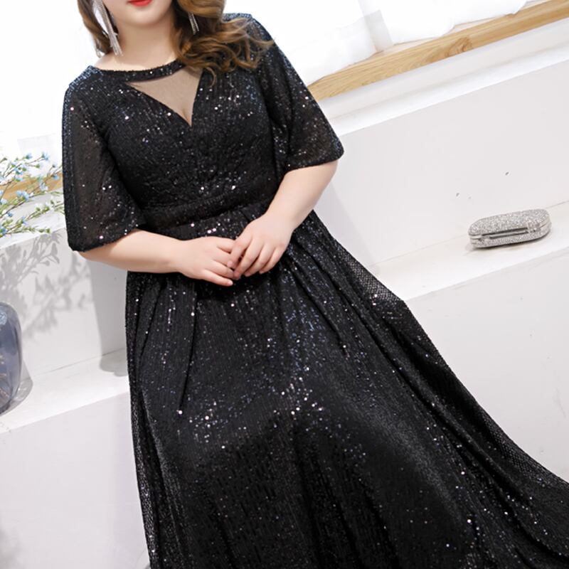 【3XL〜7XL】スパンコールフレアスリーブドレス　D1585