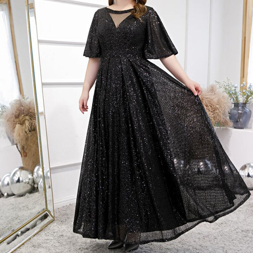 【3XL〜7XL】スパンコールフレアスリーブドレス　D1585