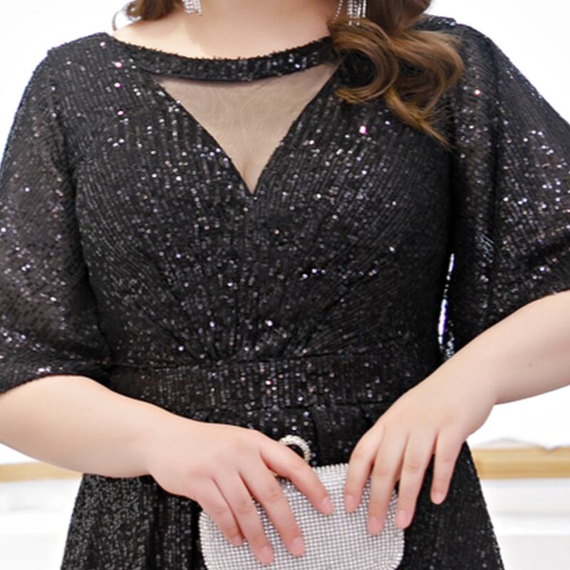 【3XL〜7XL】スパンコールフレアスリーブドレス　D1585