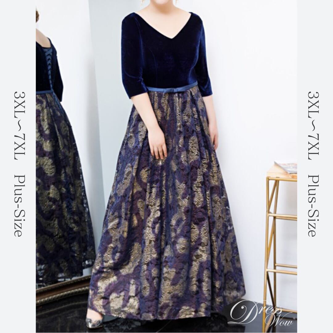【3XL〜7XL】ベルベット切替デザインドレス　D1610