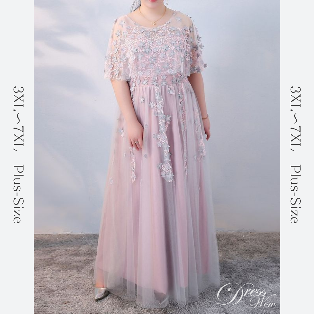 【3XL〜7XL】ペールピンクシアーフラワードレス　D2059