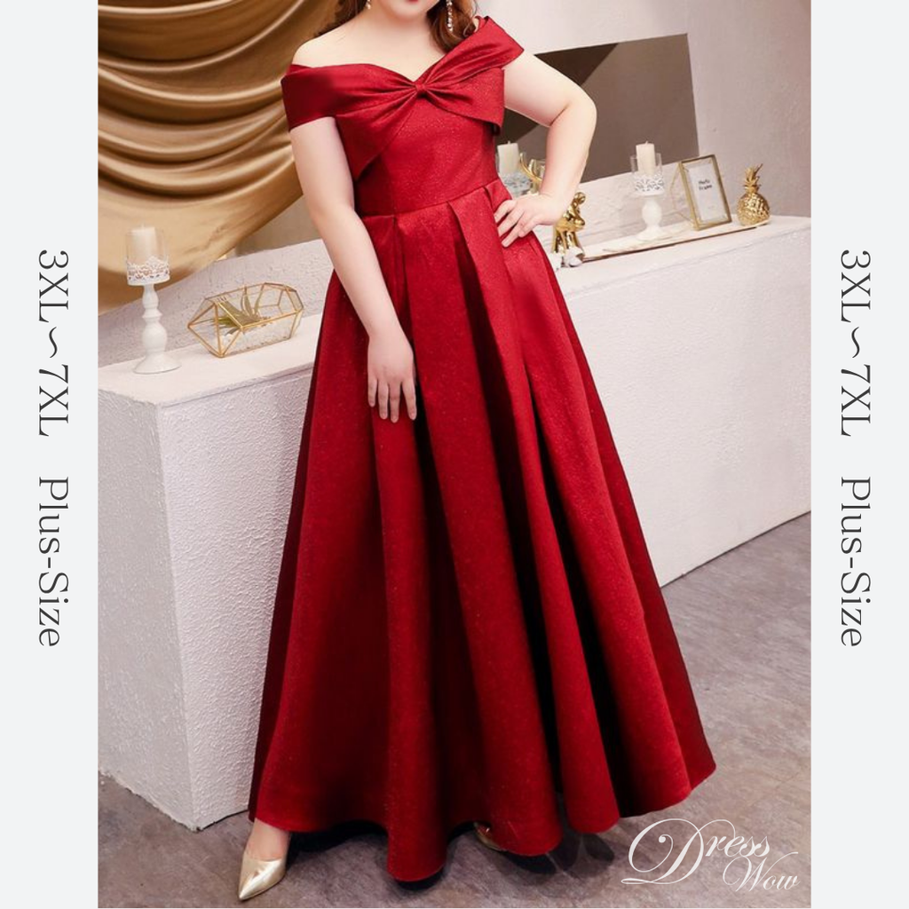 【3XL〜7XL】リボンオフショルダーロングドレス　D2054