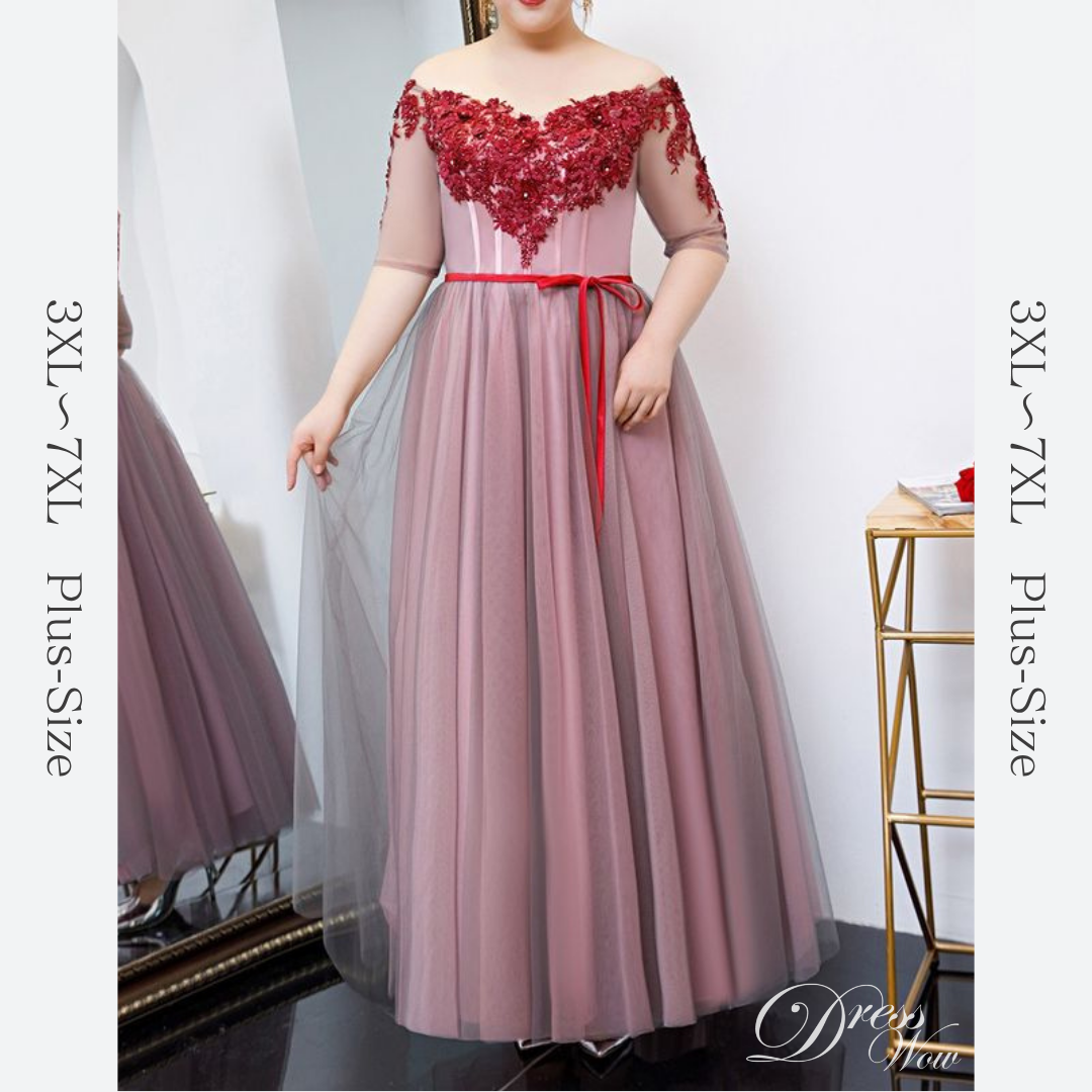 【3XL〜7XL】フラワーオフショルダーシアードレス　D2058