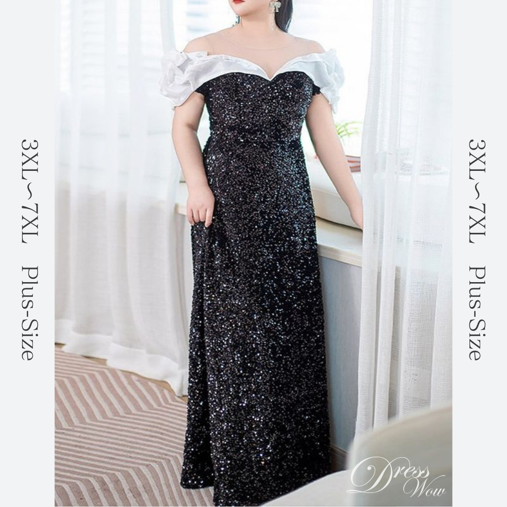 【3XL〜7XL】フリルオフショルダーシャイニードレス　D2063