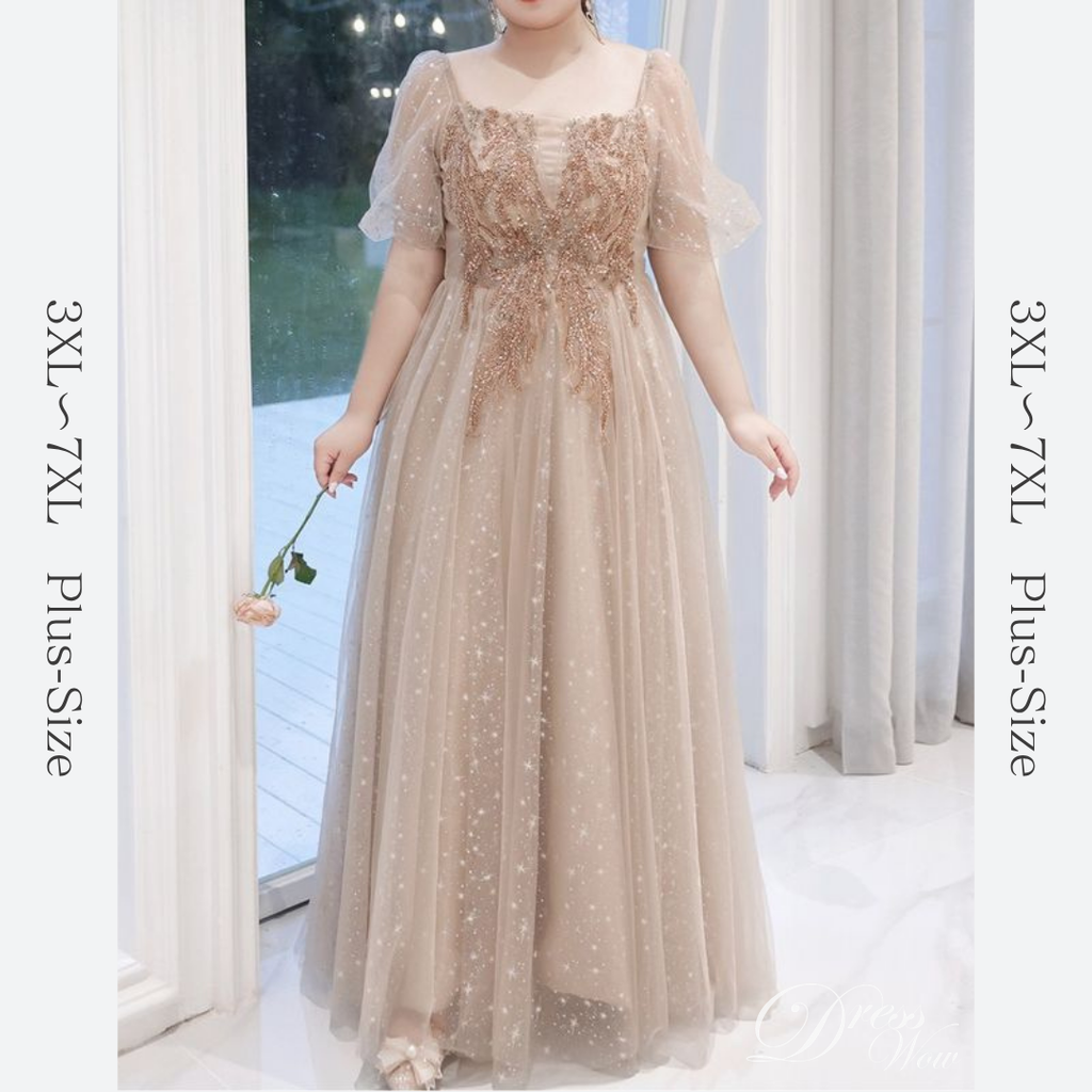 【3XL〜7XL】ロマンスパフスリーブチュールドレス　2color　D2053