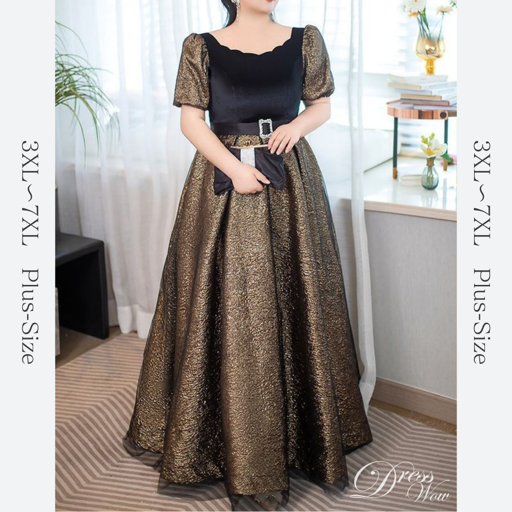 【3XL〜7XL】リュクスゴールドフレアドレス　D2061